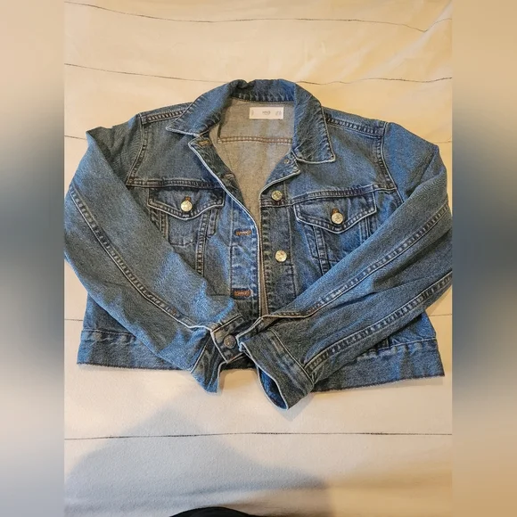 Women's MNG Blue Cropped Jean Jacket - Picture 1 of 6